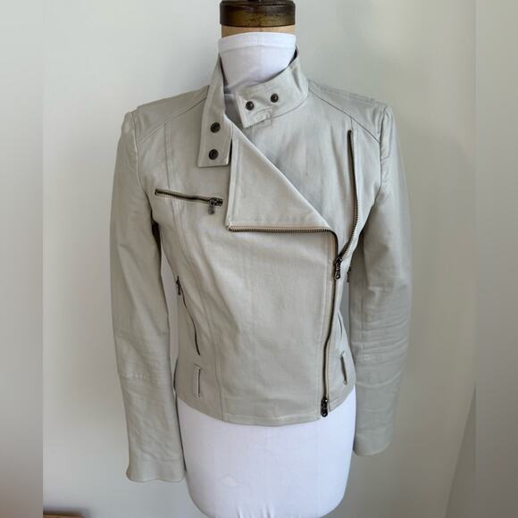 PATRIZIA PEPE LIGHT GRAY BEIGE CANVAS MOTO JACKET SIZE 42 - Picture 7 of 11